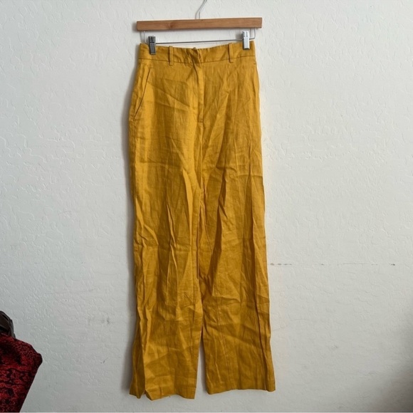 Zara Linen Menswear Style Baggy Wide Leg Mustard Yellow Trouser Pant - Picture 5 of 9